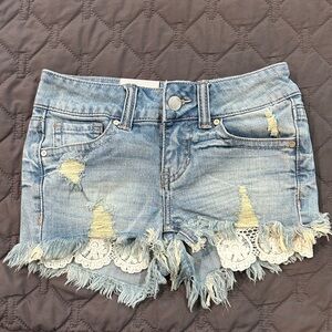 Daytrip Girls Light Blue Distressed Denim Shorts with Crochet Trim